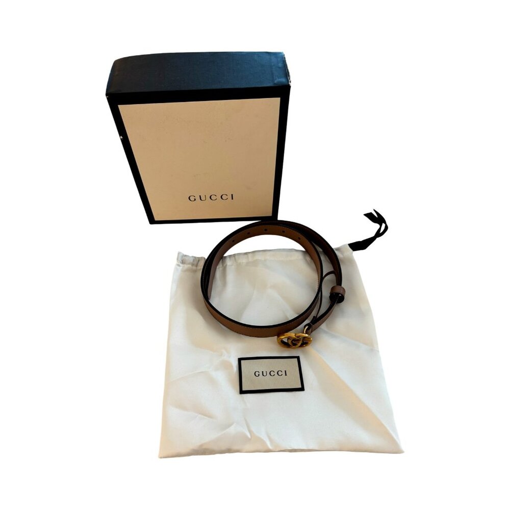 Gucci New In Box Double GG Marmont Thin Taupe Leather Gold Belt Size 75